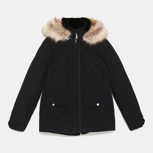 Zara Padded Black Parka Detachable Faux Fur Hood S